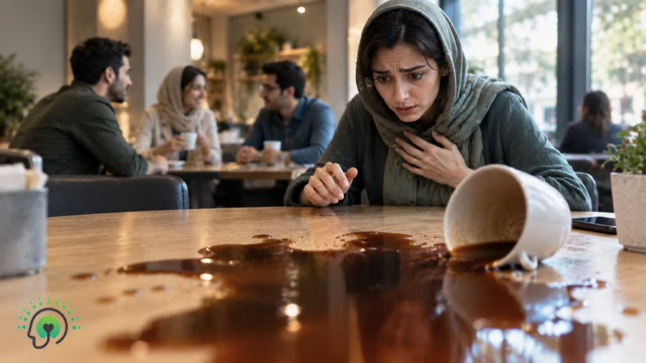 A sophisticated conceptual psychology editorial photograph showing a young adult in a social setting who has just made a small awkward social mistake, such as accidentally spilling a little coffee. The person's imagination dramatically magnifies the mistake: in the foreground, the spilled coffee appears huge and overwhelming, with exaggerated visual scale around the person's anxious expression, while several people in the background continue their normal conversations and barely notice. Strong contrast between the person's internal perception and the reality of how little others care. Subtle visual metaphor of cognitive magnification, social anxiety and the spotlight effect. Cinematic realistic photography, natural human expressions, soft indoor lighting, elegant neutral color palette, shallow depth of field, emotionally relatable, modern psychology magazine style, minimal composition, no text, no typography, no logos, high detail, 16:9 horizontal composition.